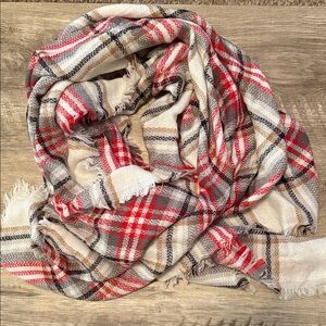 Plaid Fringe Scarf in Red and Cream